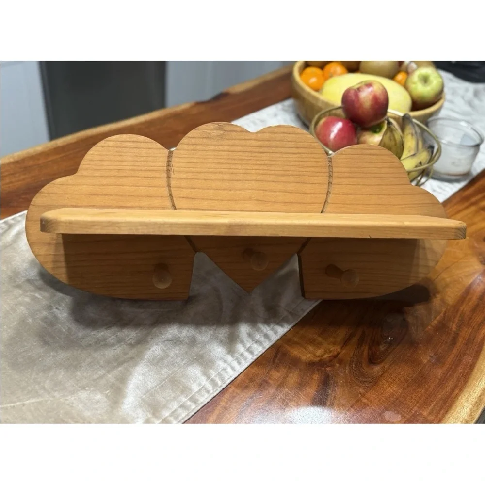 Vintage Solid Wooden Heart Shelf with 3 Peg Hooks 21” Beautiful Piece
